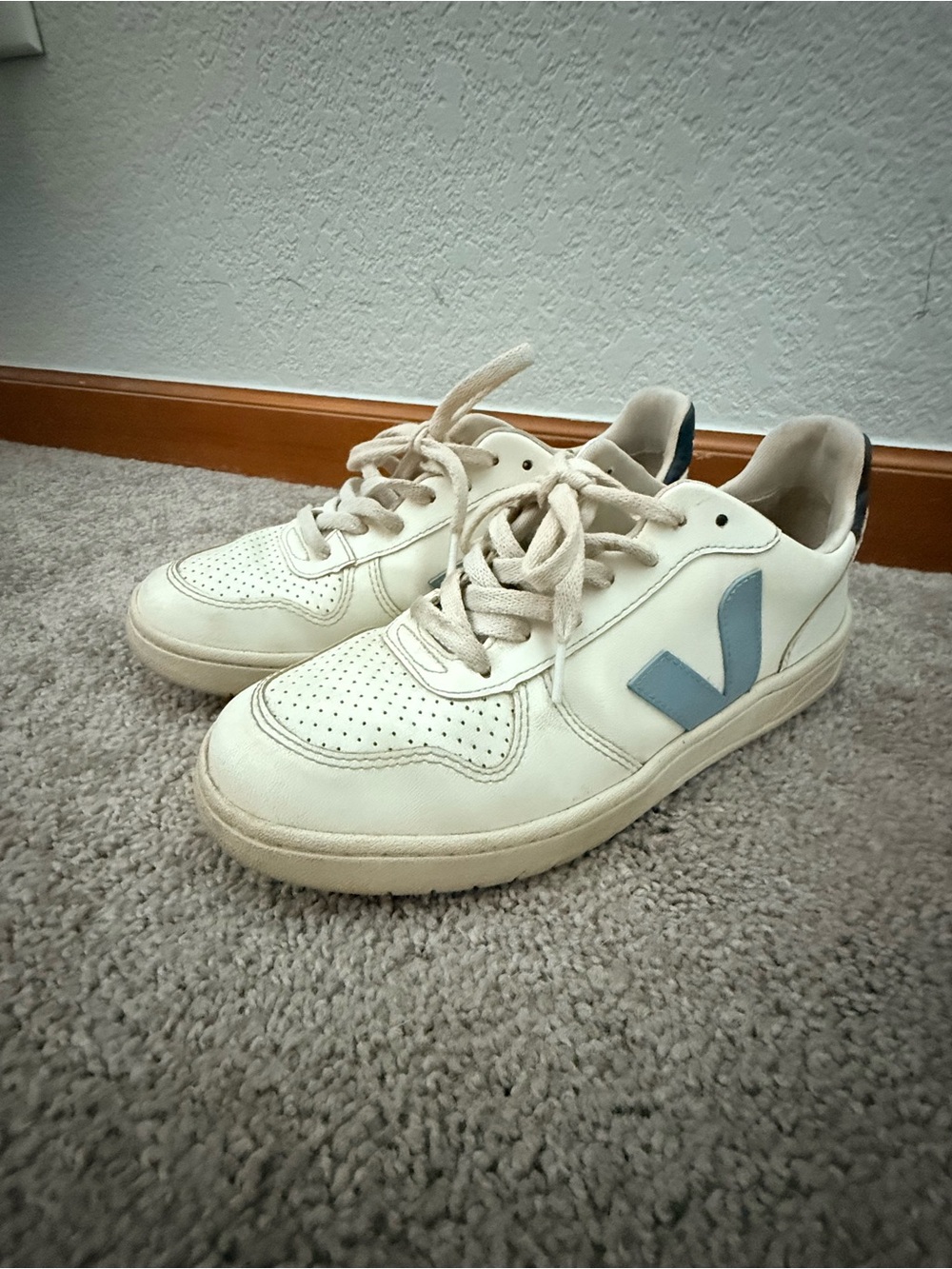 Veja Cream Leather Sneakers with Light Blue V Logo